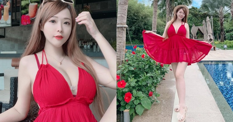 超辣紅洋裝！「白皙巨乳正妹」度假酒店披戰袍，「豐滿弧度」讓人快要窒息啦！